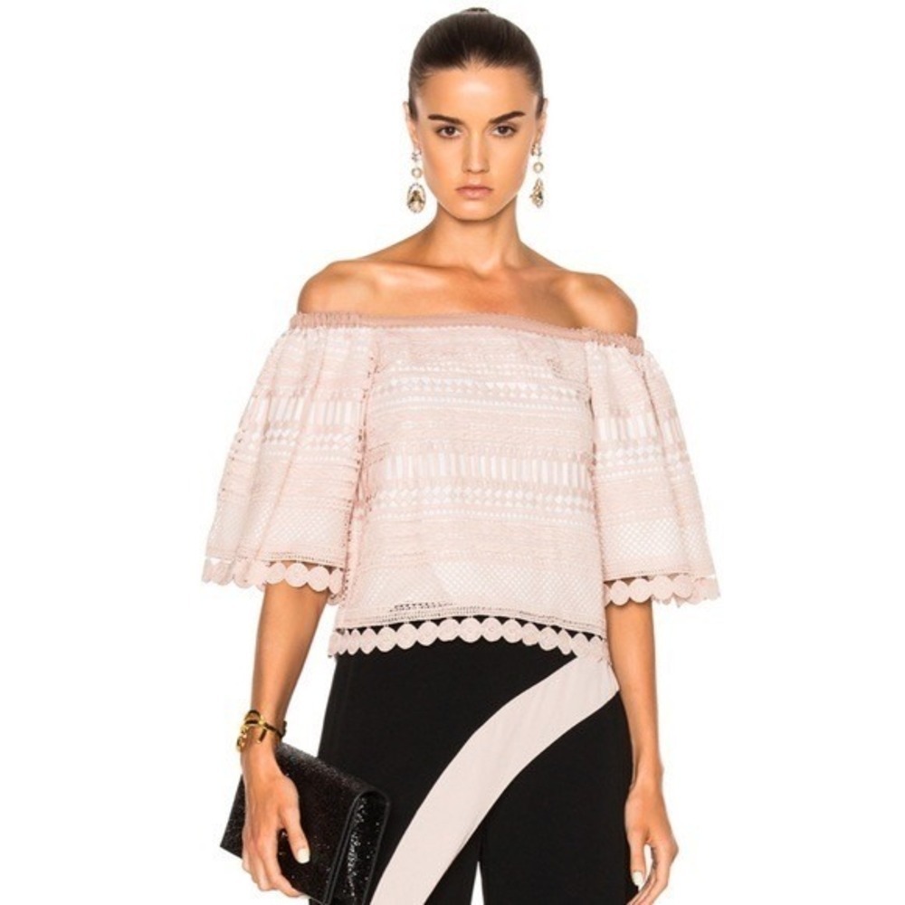 Revolve ALEXIS Finn Lace Off Shoulder Top Blouse‎ Blush Pink Silk Lacey X-Small